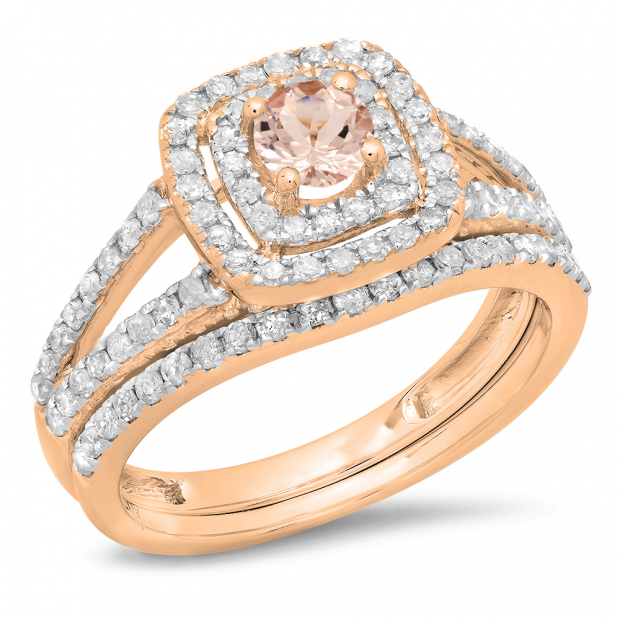 1.00 Carat (ctw) 18K Rose Gold Round Cut Morganite & White Diamond Ladies Bridal Split Shank Halo Engagement Ring With Matching Band Set 1 CT