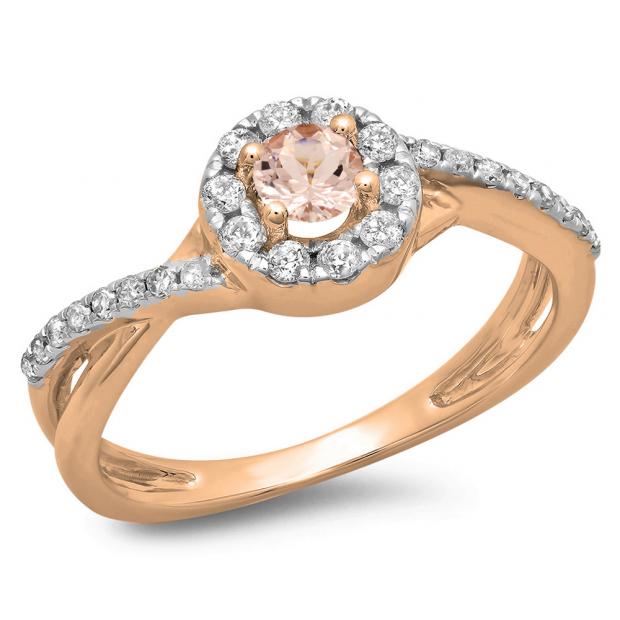 0.50 CT 18K Rose Gold Round Cut Morganite & White Diamond Ladies Swirl Split Shank Bridal Halo Engagement Ring