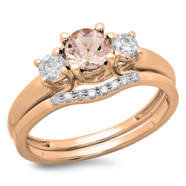 1.15 Carat (ctw) 14K Rose Gold Round Cut Morganite & White Diamond Ladies Bridal 3 Stone Engagement Ring With Matching Wedding Band Set