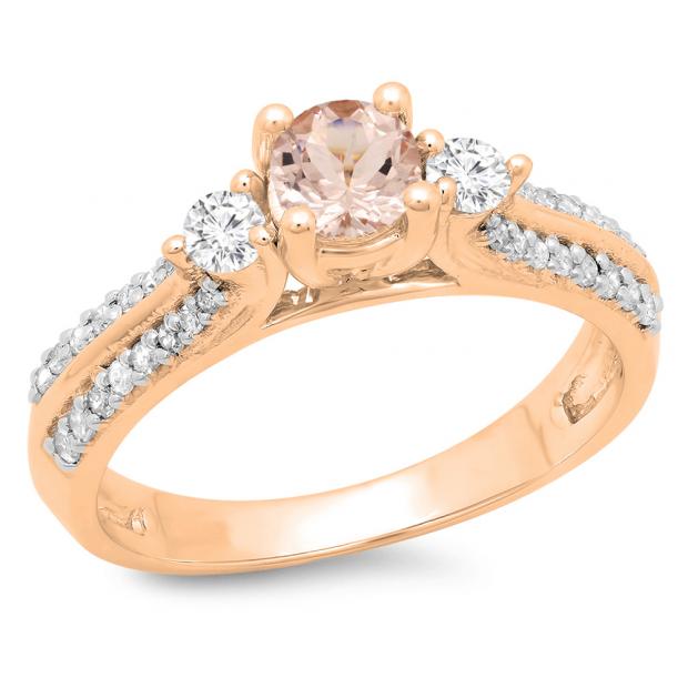 0.75 Carat (ctw) 10K Rose Gold Round Cut Morganite & White Diamond Ladies Bridal 3 Stone Engagement Ring 3/4 CT