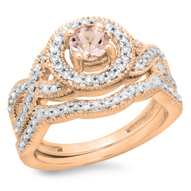 1.00 Carat (ctw) 18K Rose Gold Round Cut Morganite & White Diamond Ladies Swirl Bridal Halo Engagement Ring With Matching Band Set 1 CT