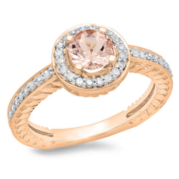 1.00 Carat (ctw) 10K Rose Gold Round Cut Morganite & White Diamond Ladies Bridal Vintage Halo Style Engagement Ring 1 CT
