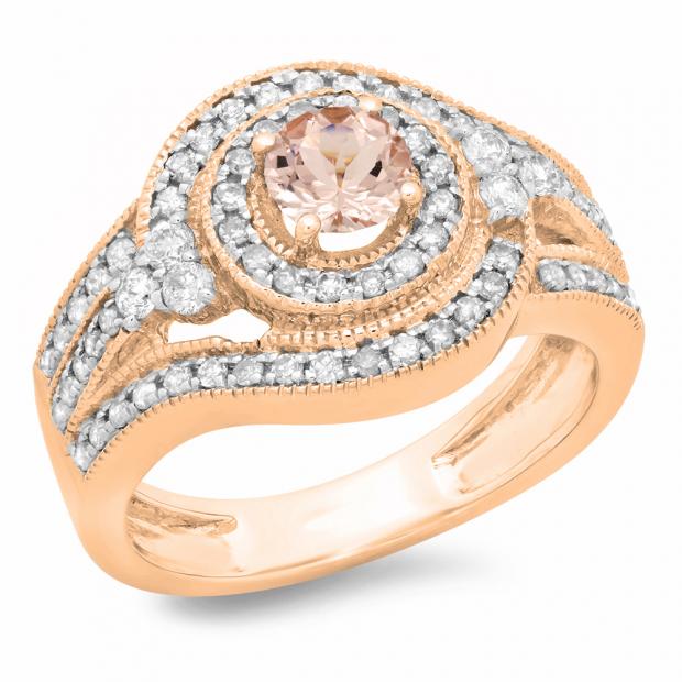 0.90 Carat (ctw) 10K Rose Gold Round Morganite & White Diamond Ladies Vintage Twisted Style Bridal Halo Engagement Ring