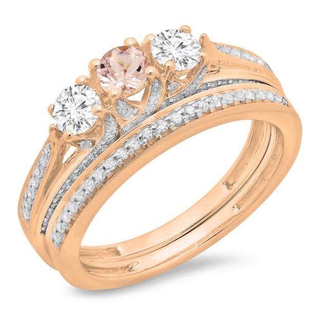 1.00 Carat (ctw) 18K Rose Gold Round Cut Morganite & White Diamond Ladies Bridal 3 Stone Engagement Ring With Matching Band Set 1 CT