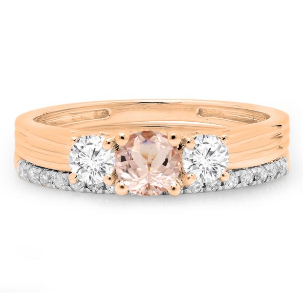 1.00 Carat (ctw) 18K Rose Gold Round Cut Morganite & White Diamond Ladies Bridal 3 Stone Engagement Ring Matching Band Set 1 CT
