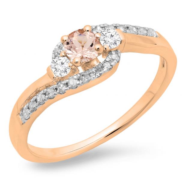 0.50 Carat (ctw) 10K Rose Gold Round Cut Morganite & White Diamond Ladies Bridal Bypass Swirl 3 Stone Engagement Ring 1/2 CT
