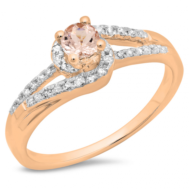 0.45 Carat (ctw) 18K Rose Gold Round Cut Morganite & White Diamond Ladies Twisted Split Shank Bridal Engagement Ring 1/2 CT