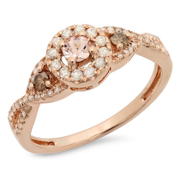 0.60 Carat (ctw) 10K Rose Gold Round MorganiteChampagne & White Diamond Ladies 3 Stone Swirl Halo Style Vintage Bridal Engagement Ring