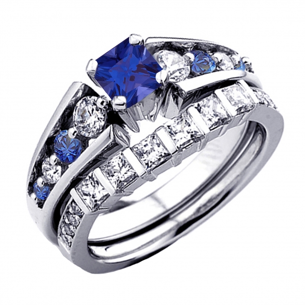 1.75 Carat (ctw) 10K White Gold Princess & Round White Diamond And Blue Sapphire Ladies Bridal Engagement Ring Set 1 3/4 CT