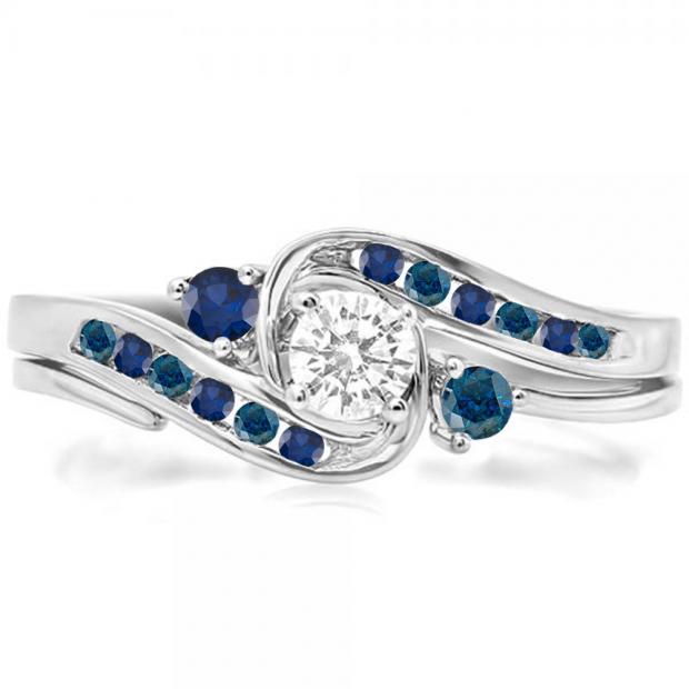 0.50 Carat (ctw) 10K White Gold Round Blue & White Diamond & Blue Sapphire Ladies Swirl Bridal Engagement Ring Set 1/2 CT