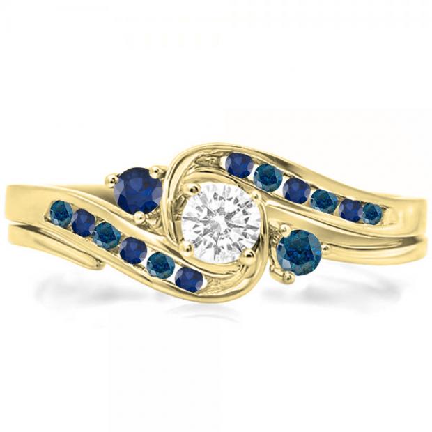 0.50 Carat (ctw) 10K Yellow Gold Round Blue & White Diamond & Blue Sapphire Ladies Swirl Bridal Engagement Ring Set 1/2 CT