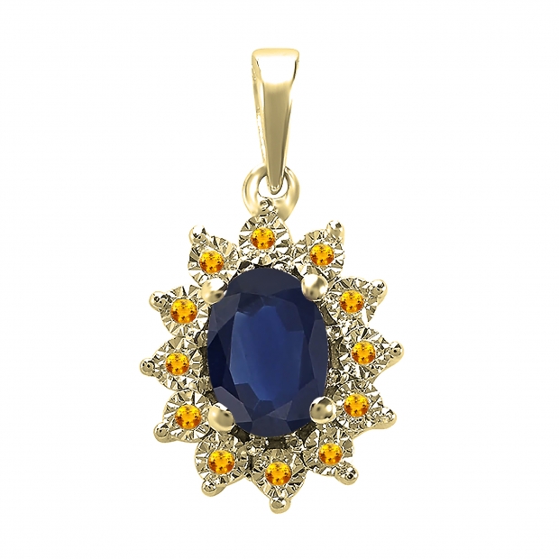 1.00 Carat (ctw) Kate Middleton Diana Replica 10K Yellow Gold Real Round Citrine With Real Oval Blue Sapphire Ladies Pendant