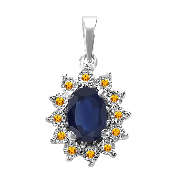 1.00 Carat (ctw) Kate Middleton Diana Replica 14K White Gold Real Round Citrine With Real Oval Blue Sapphire Ladies Pendant