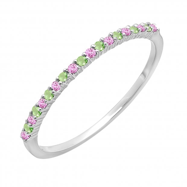 0.15 Carat (ctw) 10K White Gold Round Pink Sapphire & Peridot Ladies Anniversary Wedding Band Stackable Ring