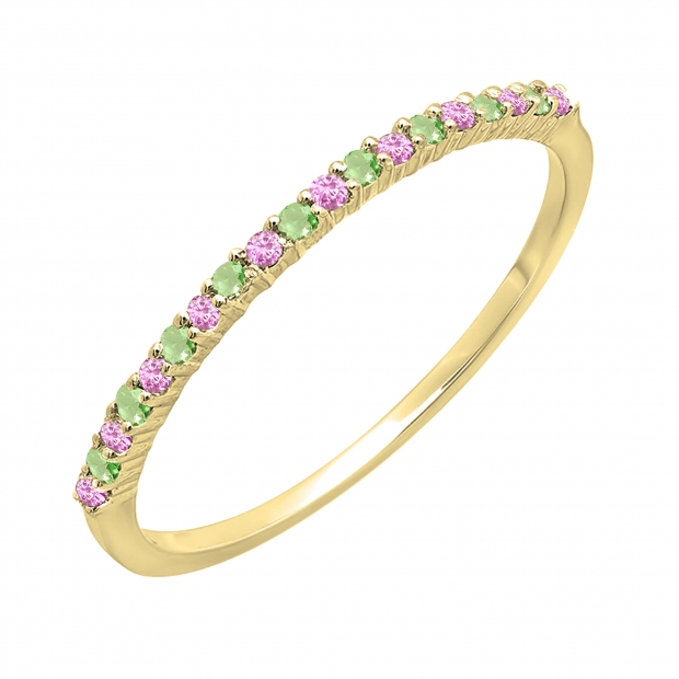 0.15 Carat (ctw) 14K Yellow Gold Round Pink Sapphire & Peridot Ladies Anniversary Wedding Band Stackable Ring