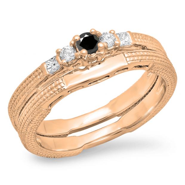 0.30 Carat (ctw) 10K Rose Gold Round & Princess Black & White Diamond Ladies 5 Stone Bridal Engagement Ring Matching Band Set 1/3 CT
