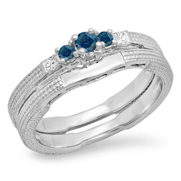 0.30 Carat (ctw) 10K White Gold Round & Princess Blue & White Diamond Ladies 5 Stone Bridal Engagement Ring Matching Band Set 1/3 CT