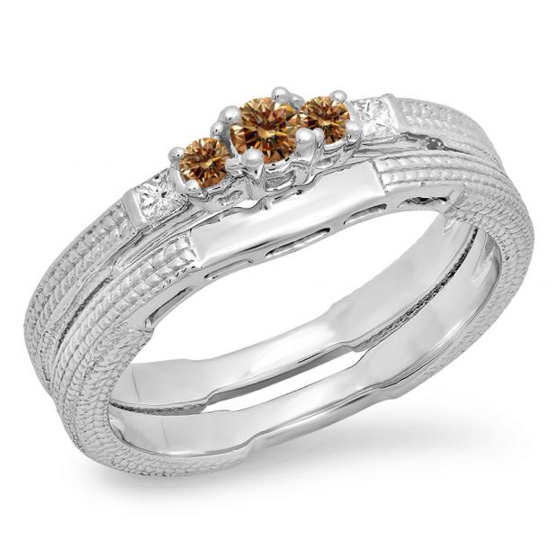 0.30 Carat (ctw) 10K White Gold Round & Princess Champagne & White Diamond Ladies 5 Stone Bridal Engagement Ring Matching Band Set 1/3 CT