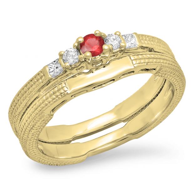 0.30 Carat (ctw) 10K Yellow Gold Round & Princess Ruby & White Diamond Ladies 5 Stone Bridal Engagement Ring Matching Band Set 1/3 CT