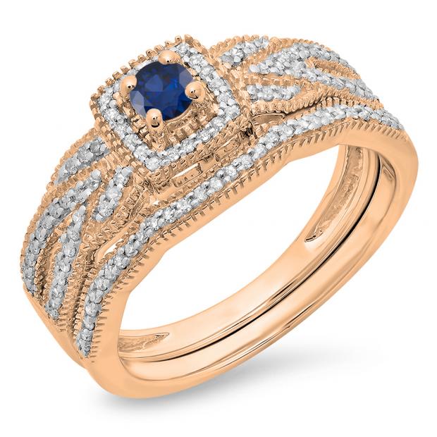 0.45 Carat (ctw) 10K Rose Gold Round Blue Sapphire & White Diamond Ladies Bridal Halo Engagement Ring With Matching Band Set 1/2 CT