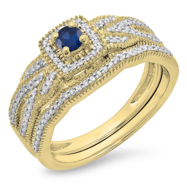 0.45 Carat (ctw) 14K Yellow Gold Round Blue Sapphire & White Diamond Ladies Bridal Halo Engagement Ring With Matching Band Set 1/2 CT