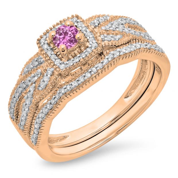 0.45 Carat (ctw) 14K Rose Gold Round Pink Sapphire & White Diamond Ladies Bridal Halo Engagement Ring With Matching Band Set 1/2 CT
