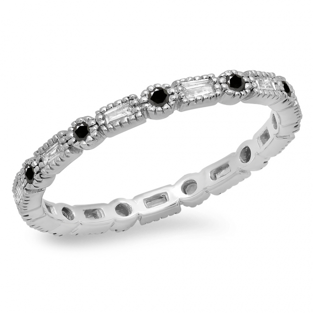 0.40 Carat (ctw) 18K White Gold Round & Baguette Black & White Diamond Ladies Vintage Style Anniversary Wedding Eternity Band Stackable Ring