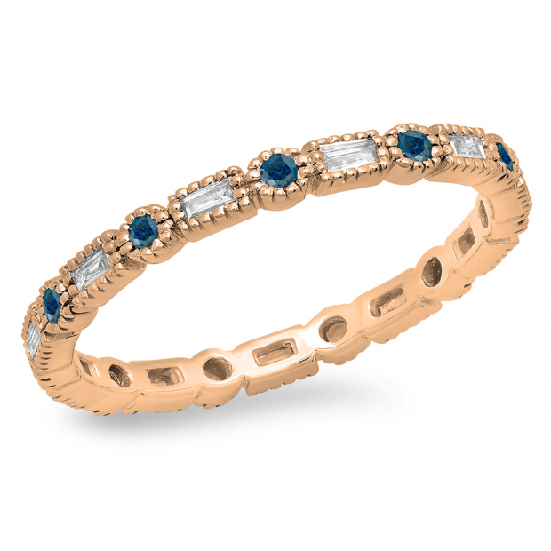 0.40 Carat (ctw) 14K Rose Gold Round & Baguette Blue & White Diamond Ladies Vintage Style Anniversary Wedding Eternity Band Stackable Ring