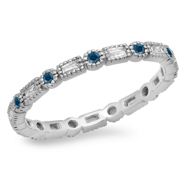0.40 Carat (ctw) 14K White Gold Round & Baguette Blue & White Diamond Ladies Vintage Style Anniversary Wedding Eternity Band Stackable Ring