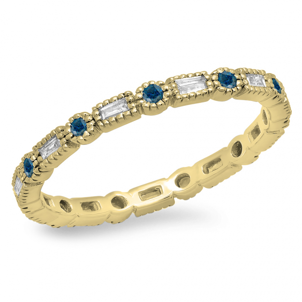 0.40 Carat (ctw) 14K Yellow Gold Round & Baguette Blue & White Diamond Ladies Vintage Style Anniversary Wedding Eternity Band Stackable Ring