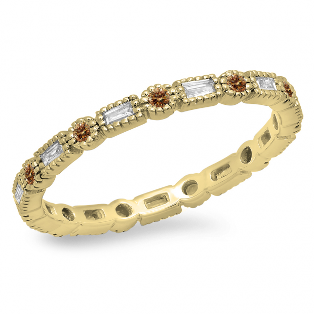 0.40 Carat (ctw) 14K Yellow Gold Round & Baguette Champagne & White Diamond Ladies Vintage Style Anniversary Wedding Eternity Band Stackable Ring