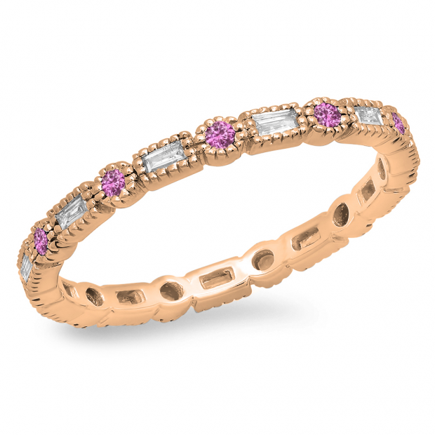 0.40 Carat (ctw) 10K Rose Gold Round & Baguette Pink sapphire & White Diamond Ladies Vintage Style Anniversary Wedding Eternity Band Stackable Ring