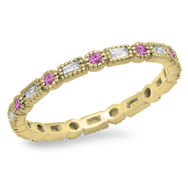 0.40 Carat (ctw) 10K Yellow Gold Round & Baguette Pink sapphire & White Diamond Ladies Vintage Style Anniversary Wedding Eternity Band Stackable Ring