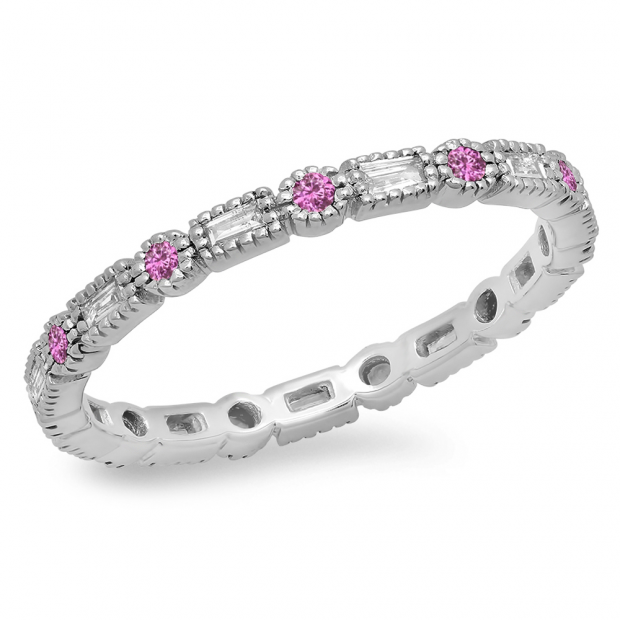 0.40 Carat (ctw) 18K White Gold Round & Baguette Pink sapphire & White Diamond Ladies Vintage Style Anniversary Wedding Eternity Band Stackable Ring