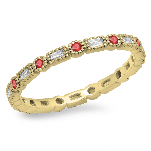 0.40 Carat (ctw) 14K Yellow Gold Round & Baguette Ruby & White Diamond Ladies Vintage Style Anniversary Wedding Eternity Band Stackable Ring