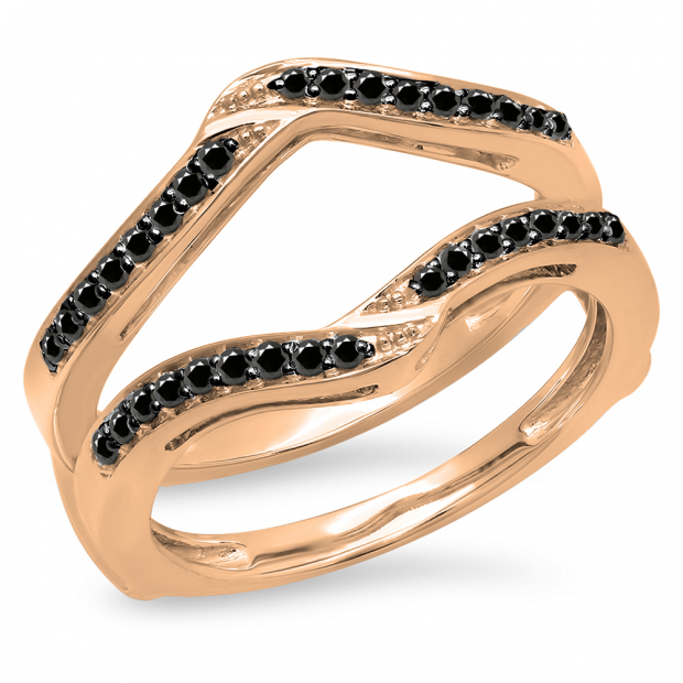 0.30 Carat (ctw) 14K Rose Gold Round Black Diamond Ladies Anniversary Wedding Band Enhancer Guard Double Ring 1/3 CT