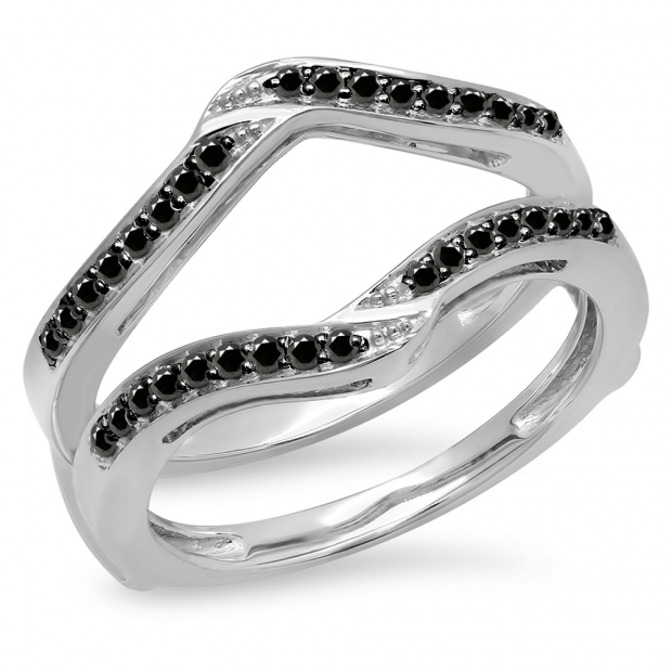 0.30 Carat (ctw) 14K White Gold Round Black Diamond Ladies Anniversary Wedding Band Enhancer Guard Double Ring 1/3 CT