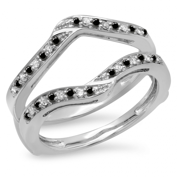 0.30 Carat (ctw) 10K White Gold Round Black & White Diamond Ladies Anniversary Wedding Band Enhancer Guard Double Ring 1/3 CT