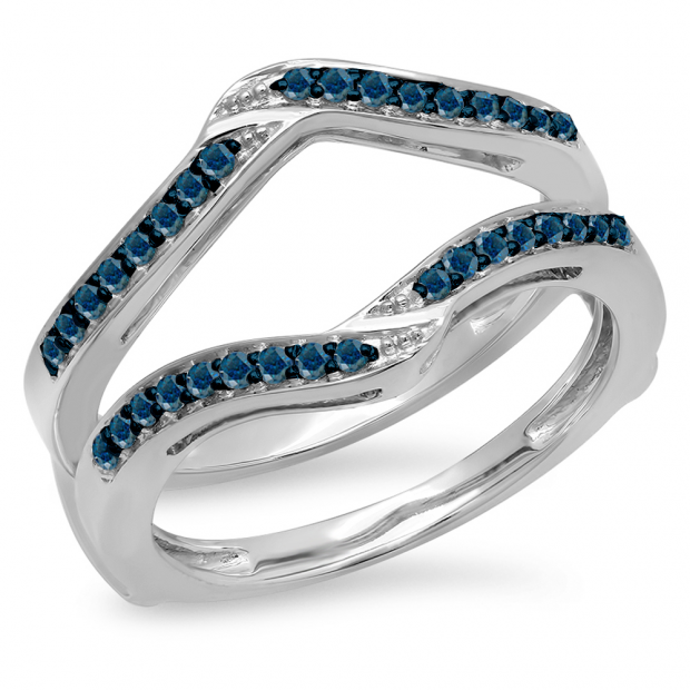 0.30 Carat (ctw) 10K White Gold Round Blue Diamond Ladies Anniversary Wedding Band Enhancer Guard Double Ring 1/3 CT