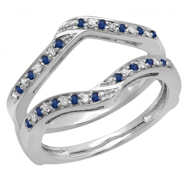 0.30 Carat (ctw) 10K White Gold Round Blue Sapphire & White Diamond Ladies Anniversary Wedding Band Enhancer Guard Double Ring 1/3 CT
