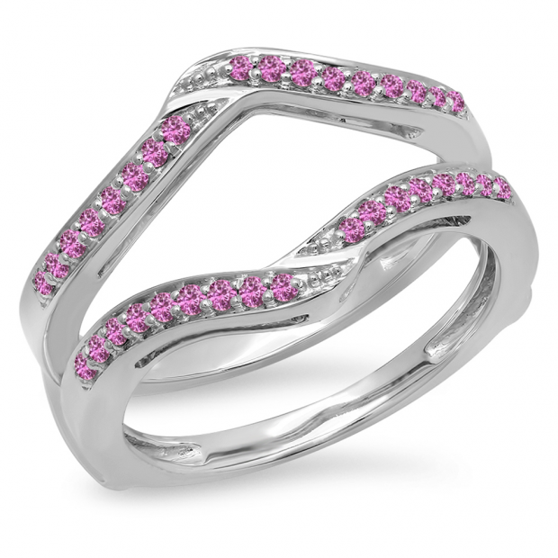 0.30 Carat (ctw) 10K White Gold Round Pink Sapphire Ladies Anniversary Wedding Band Enhancer Guard Double Ring 1/3 CT