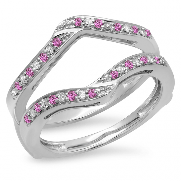 0.30 Carat (ctw) 14K White Gold Round Pink Sapphire & White Diamond Ladies Anniversary Wedding Band Enhancer Guard Double Ring 1/3 CT