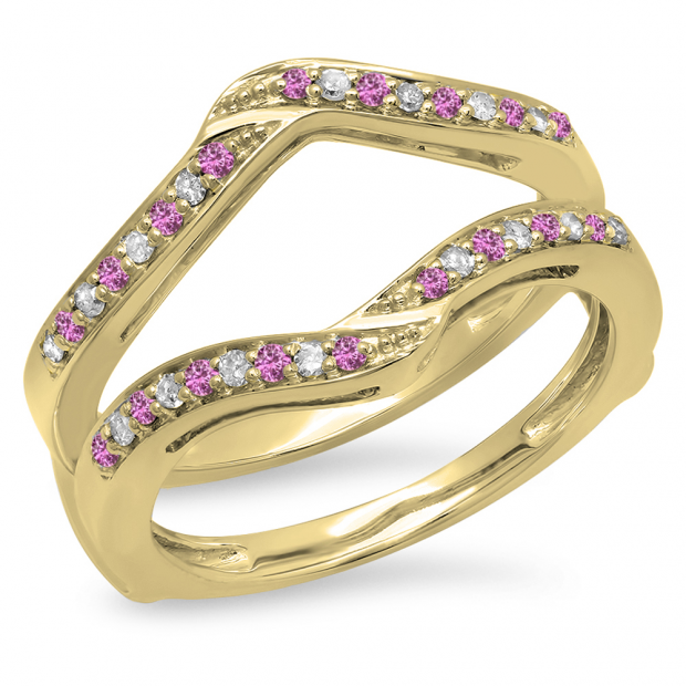 0.30 Carat (ctw) 14K Yellow Gold Round Pink Sapphire & White Diamond Ladies Anniversary Wedding Band Enhancer Guard Double Ring 1/3 CT