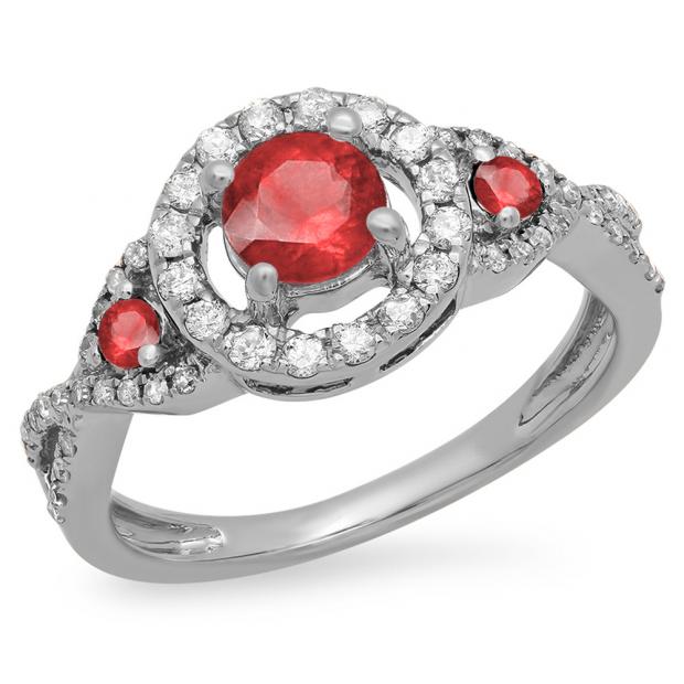 0.90 Carat (ctw) 18K White Gold Round Ruby & White Diamond Ladies 3 Stone Swirl Halo Vintage Bridal Engagement Ring