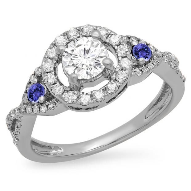 0.90 Carat (ctw) 18K White Gold Round Tanzanite & White Diamond Ladies 3 Stone Swirl Halo Vintage Bridal Engagement Ring