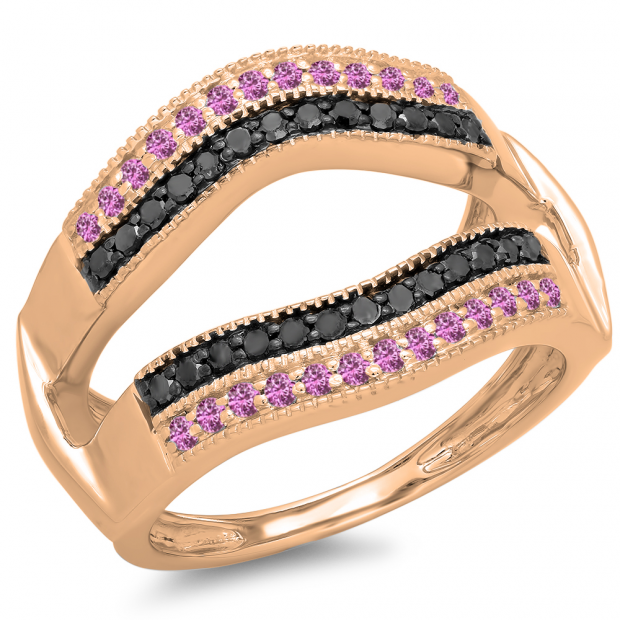 0.55 Carat (ctw) 10K Rose Gold Round Pink Sapphire & Black Diamond Ladies Double Row Anniversary Wedding Band Milgrain Guard Double Ring 1/2 CT