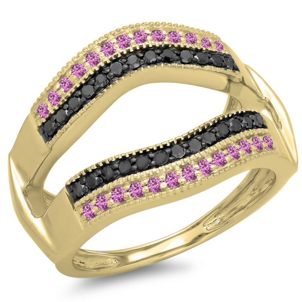0.55 Carat (ctw) 14K Yellow Gold Round Pink Sapphire & Black Diamond Ladies Double Row Anniversary Wedding Band Milgrain Guard Double Ring 1/2 CT