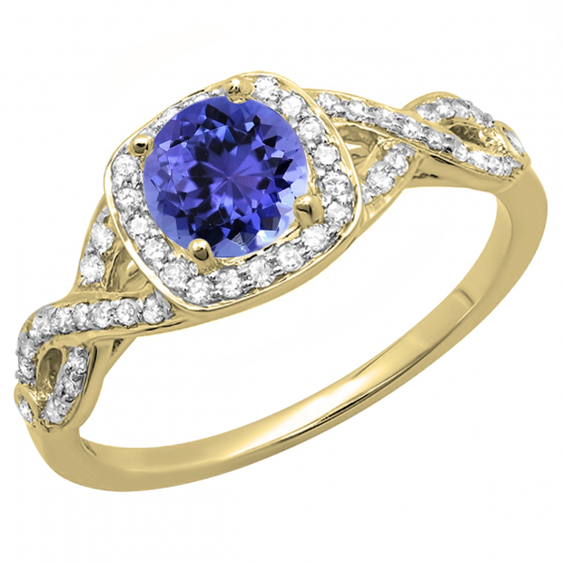 1.00 Carat (ctw) 14K Yellow Gold Round Tanzanite & White Diamond Ladies Swirl Split Shank Halo Engagement Ring 1 CT