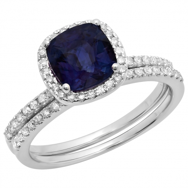 1.75 Carat (ctw) 10K White Gold Cushion Cut Blue Sapphire & Round Cut White Diamond Ladies Bridal Halo Engagement Ring With Matching Band Set 1 3/4 CT