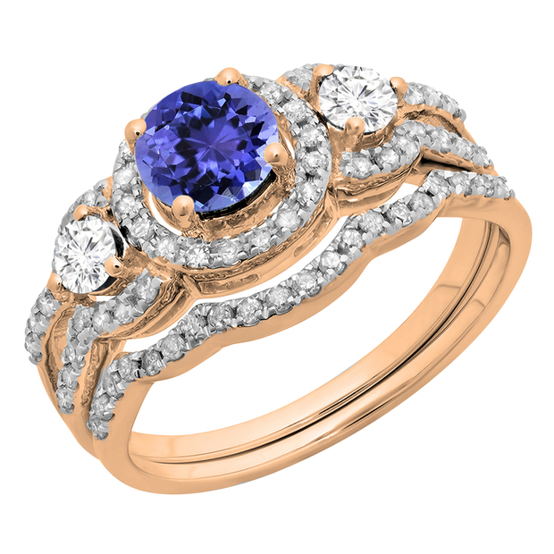 0.66 Carat (ctw) 18K Rose Gold Round White Diamond Ladies 3 Stone Halo Bridal Engagement Ring With Matching Band(No Center Stone)